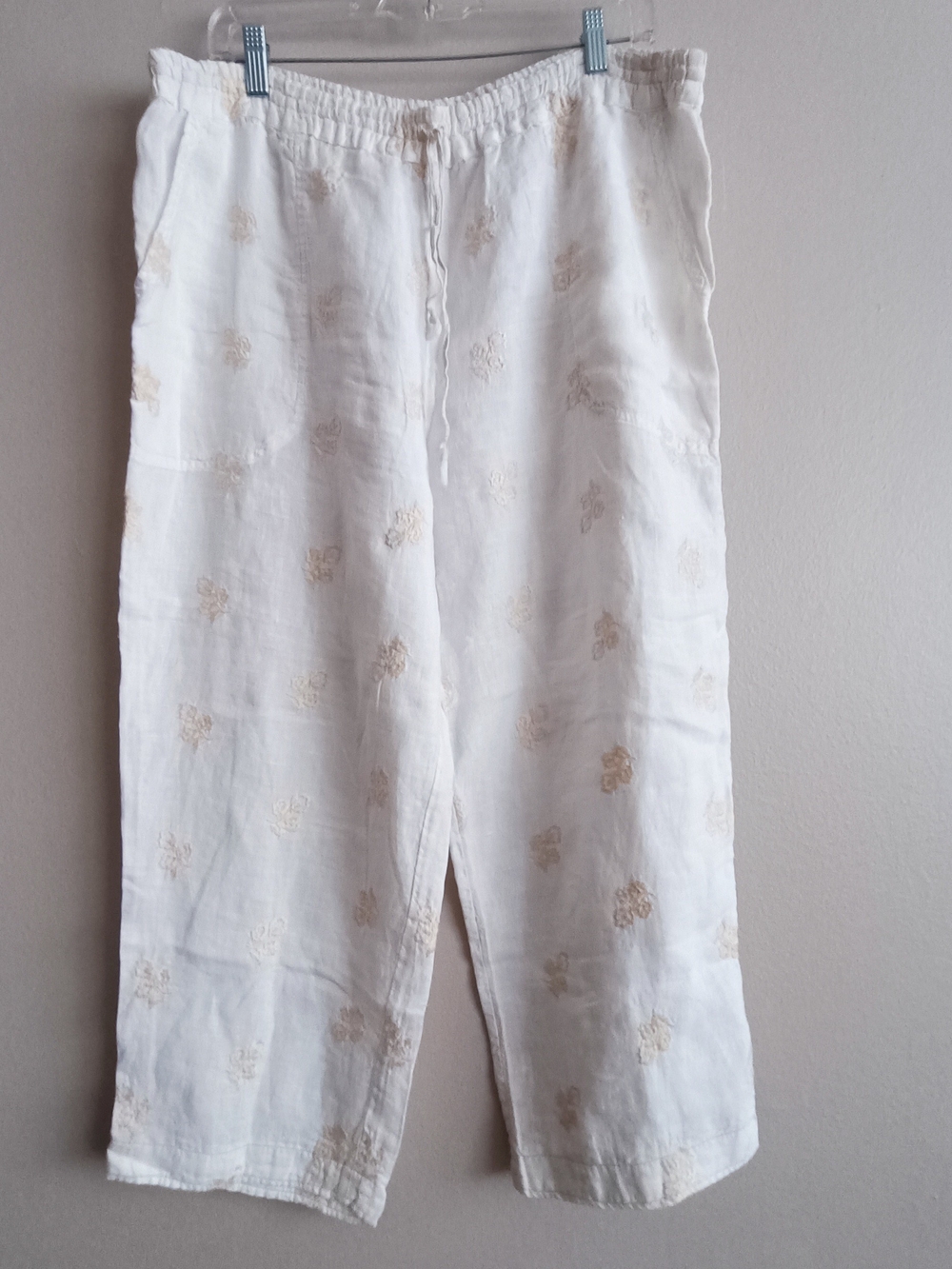 Puro Lino 100% Linen White Embroidered Lounge Pants Size L